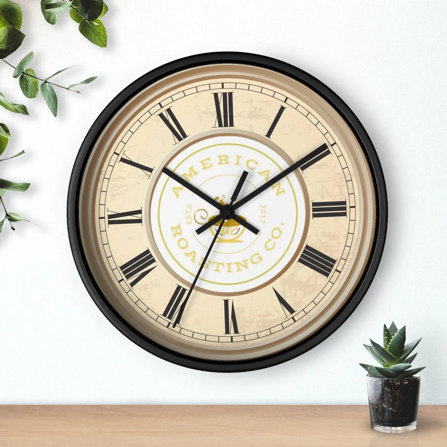 Wall Clock, American Roasting Company 10" Black, White, Wooden Clear Finish Printify