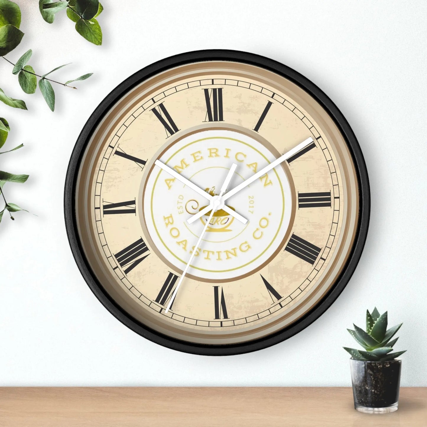 Wall Clock, American Roasting Company 10" Black, White, Wooden Clear Finish Printify