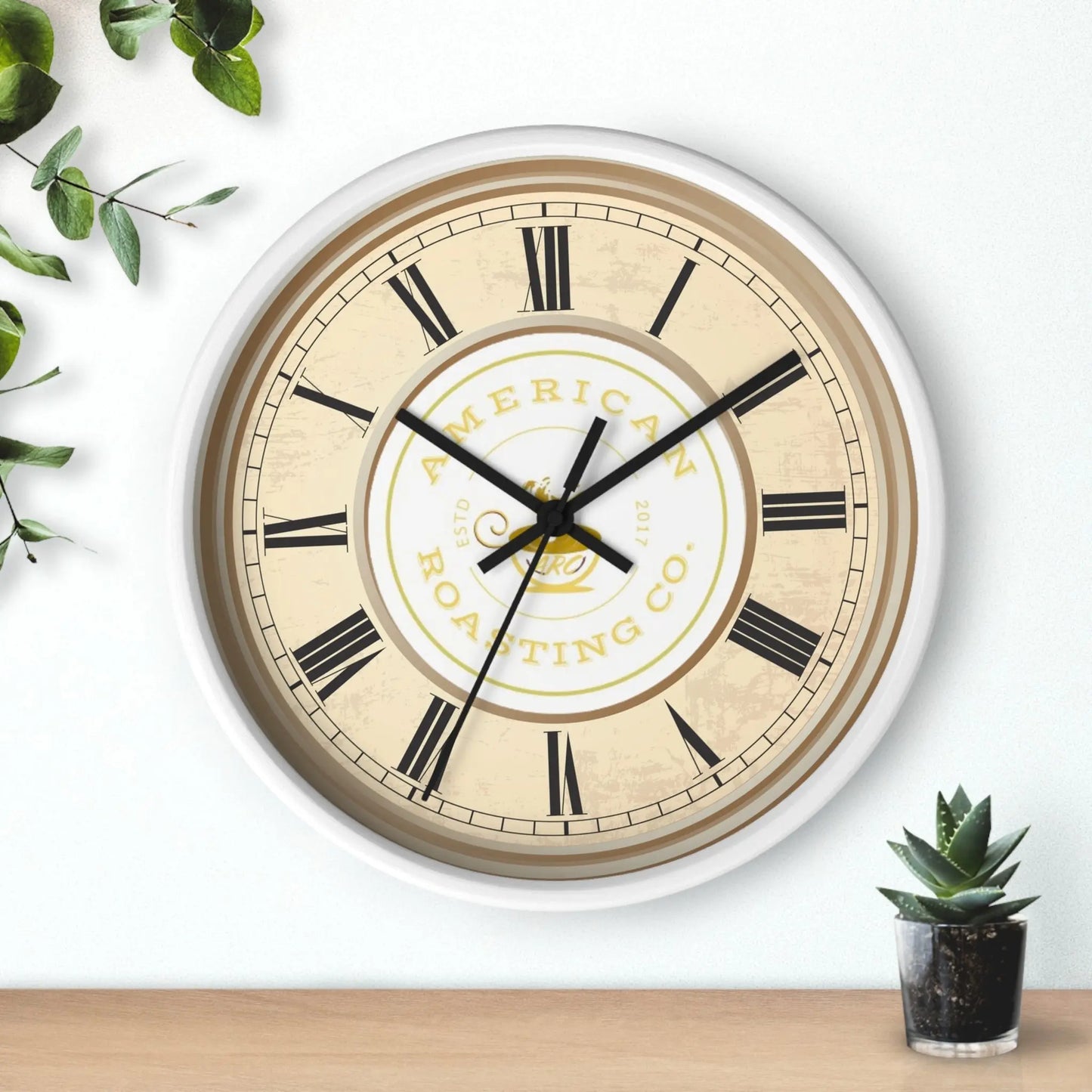 Wall Clock, American Roasting Company 10" Black, White, Wooden Clear Finish Printify