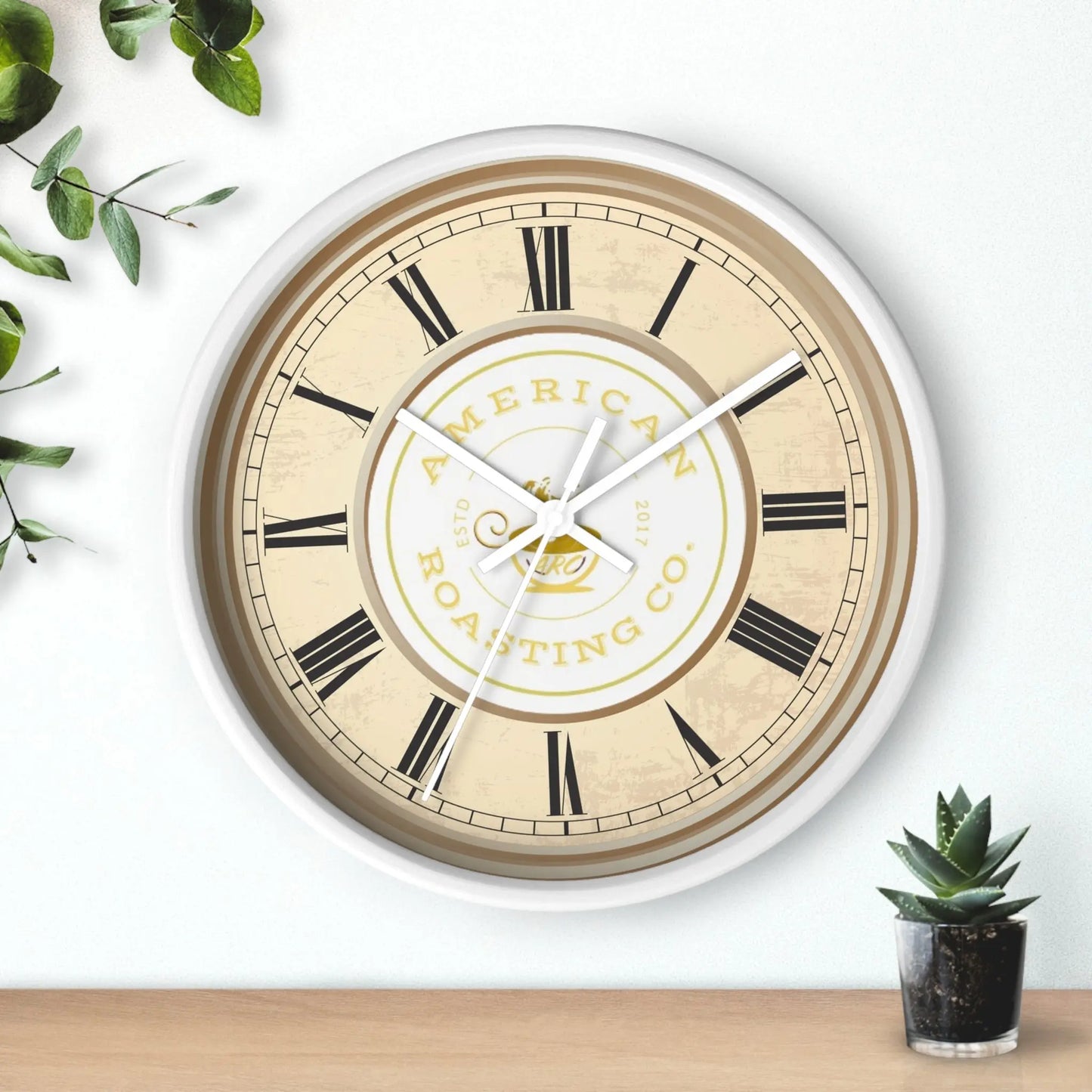 Wall Clock, American Roasting Company 10" Black, White, Wooden Clear Finish Printify