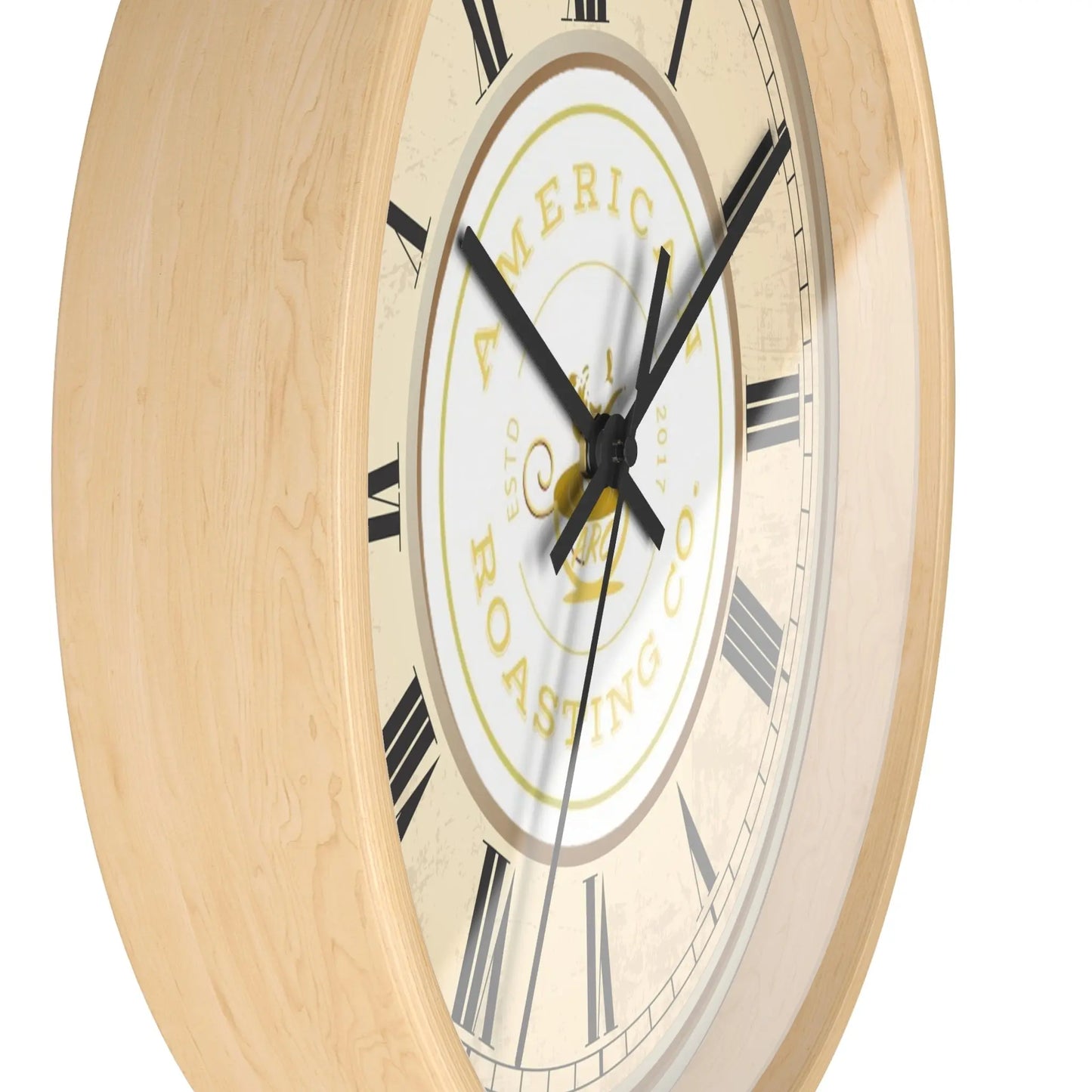 Wall Clock, American Roasting Company 10" Black, White, Wooden Clear Finish Printify