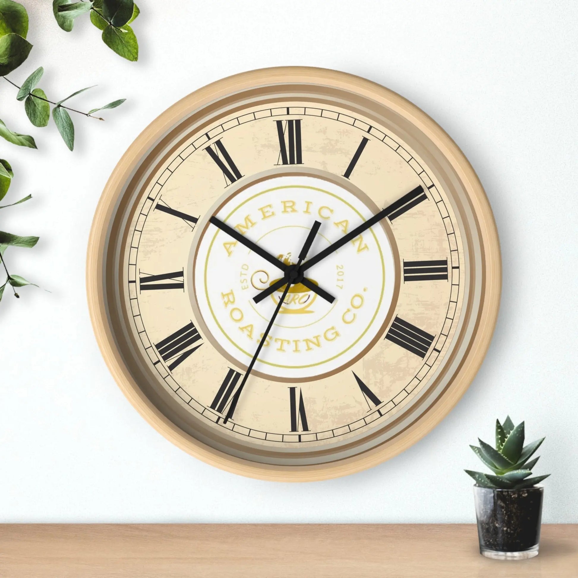 Wall Clock, American Roasting Company 10" Black, White, Wooden Clear Finish Printify