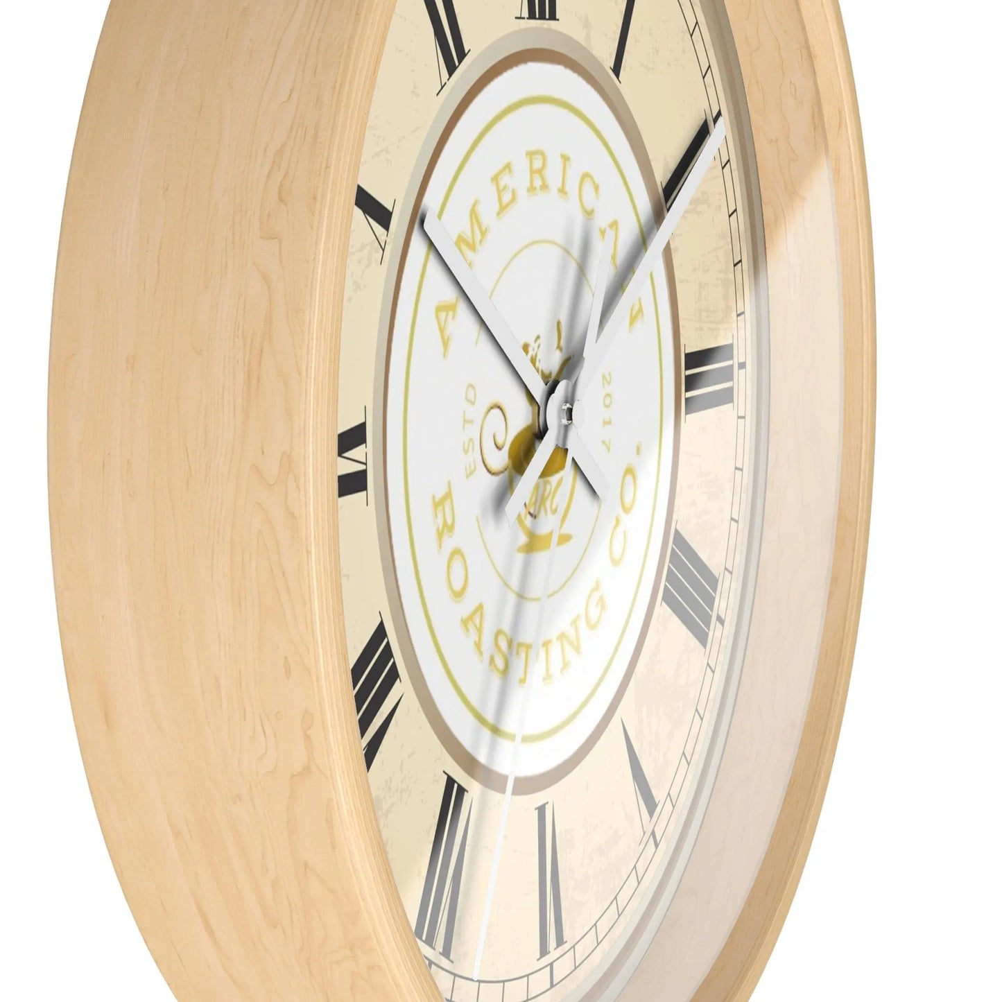 Wall Clock, American Roasting Company 10" Black, White, Wooden Clear Finish Printify