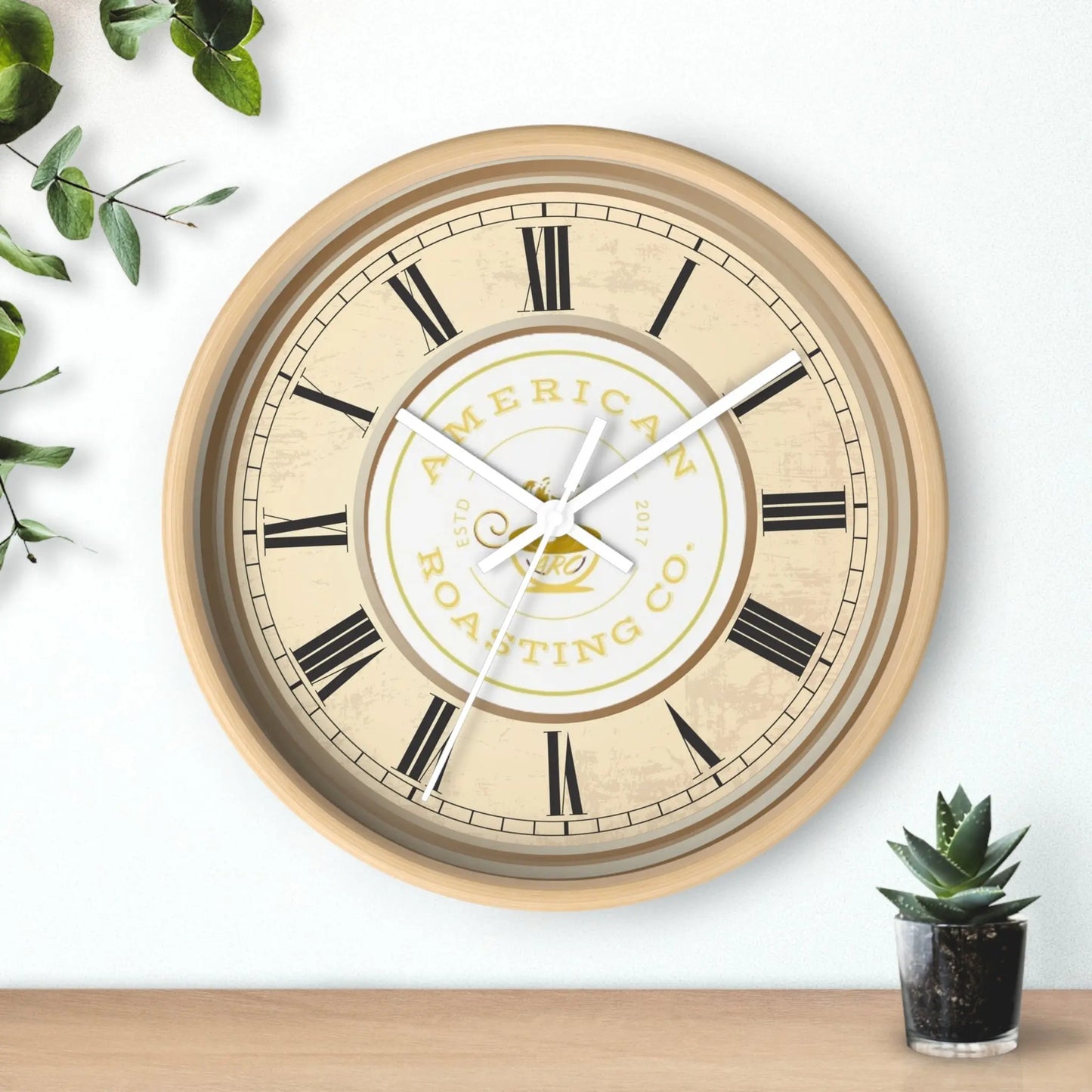 Wall Clock, American Roasting Company 10" Black, White, Wooden Clear Finish Printify