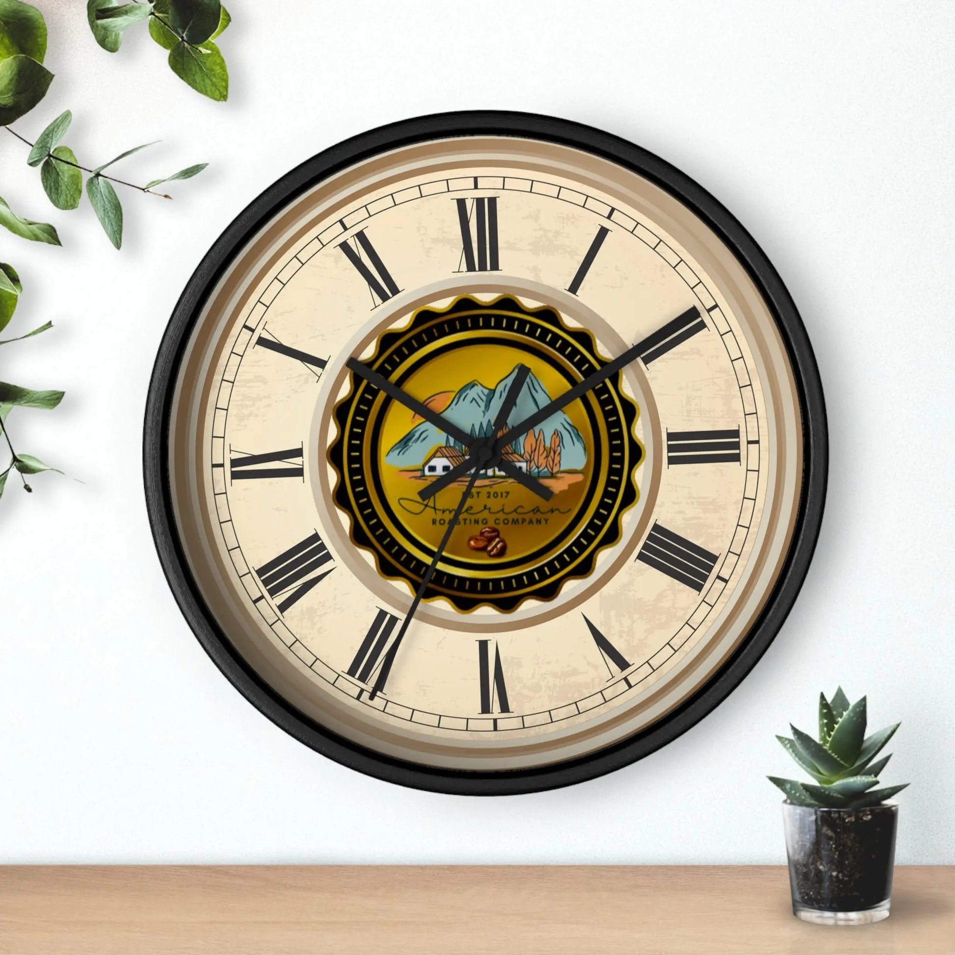 Wall Clock, American Roasting Company 10" Black, White, Wooden Clear Finish Printify