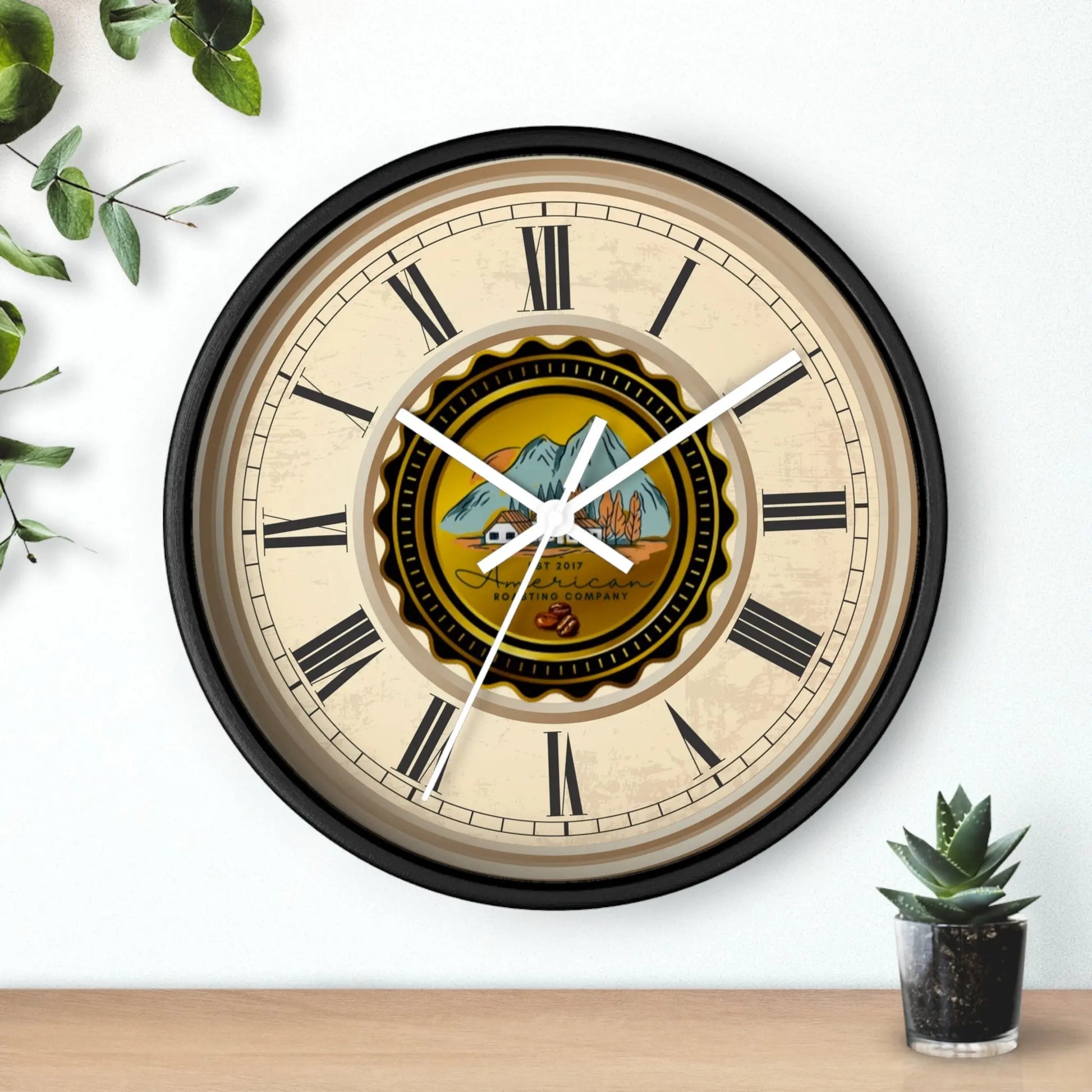 Wall Clock, American Roasting Company 10" Black, White, Wooden Clear Finish Printify