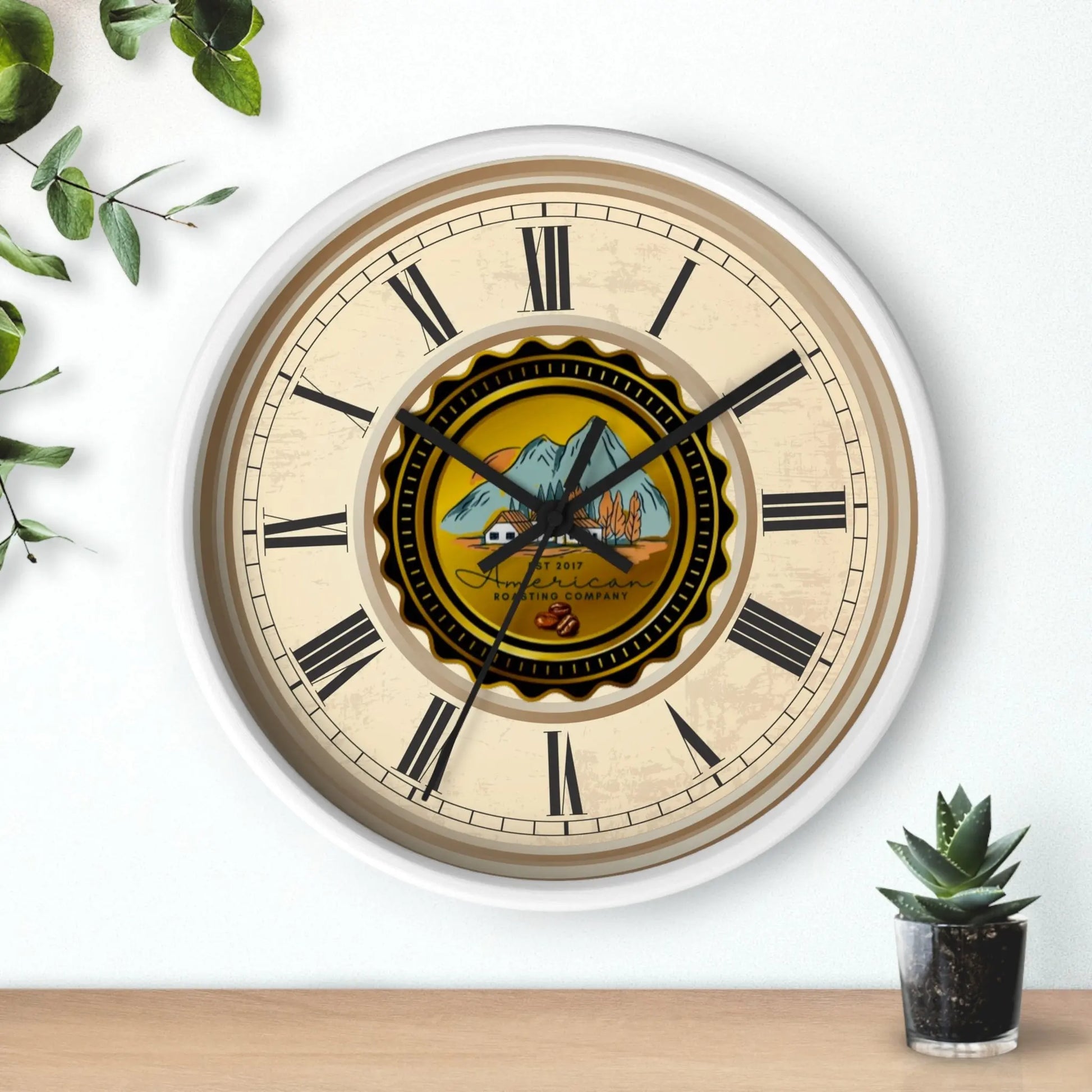 Wall Clock, American Roasting Company 10" Black, White, Wooden Clear Finish Printify