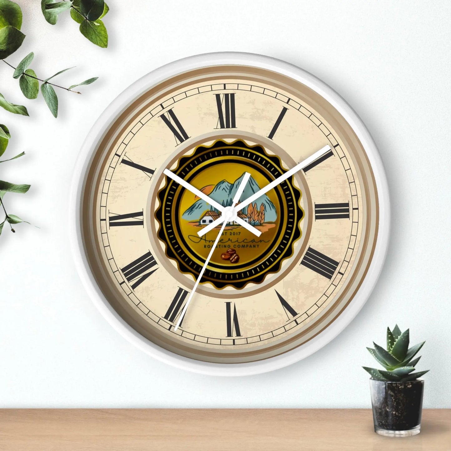 Wall Clock, American Roasting Company 10" Black, White, Wooden Clear Finish Printify