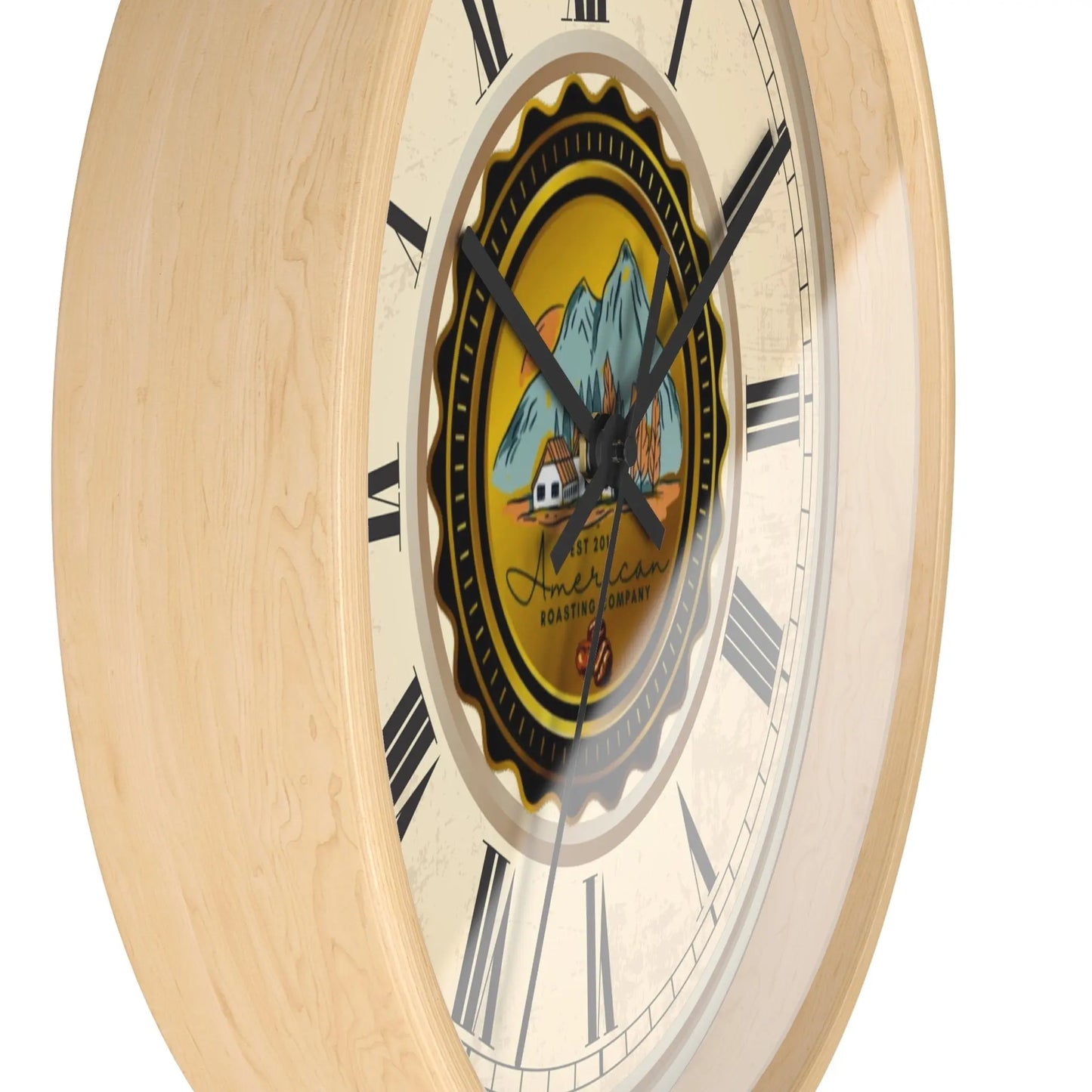 Wall Clock, American Roasting Company 10" Black, White, Wooden Clear Finish Printify