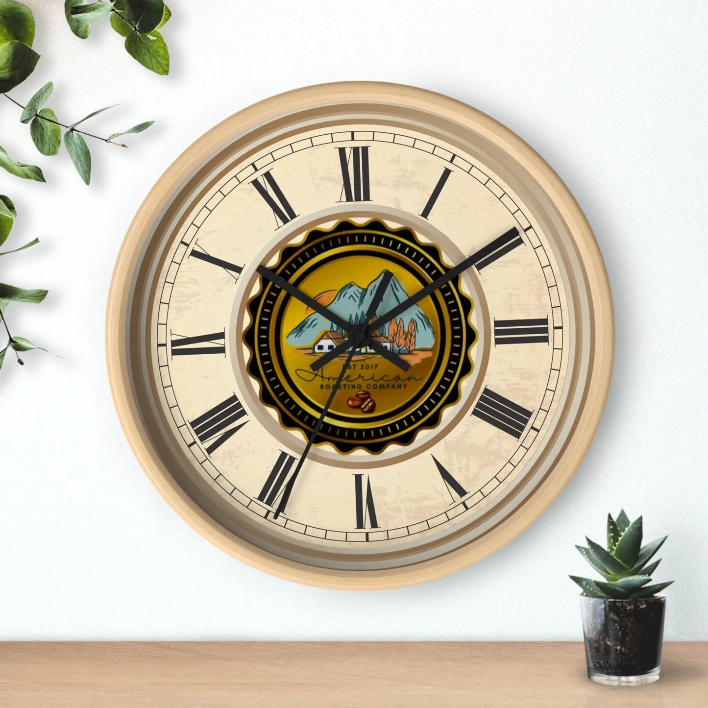 Wall Clock, American Roasting Company 10" Black, White, Wooden Clear Finish Printify