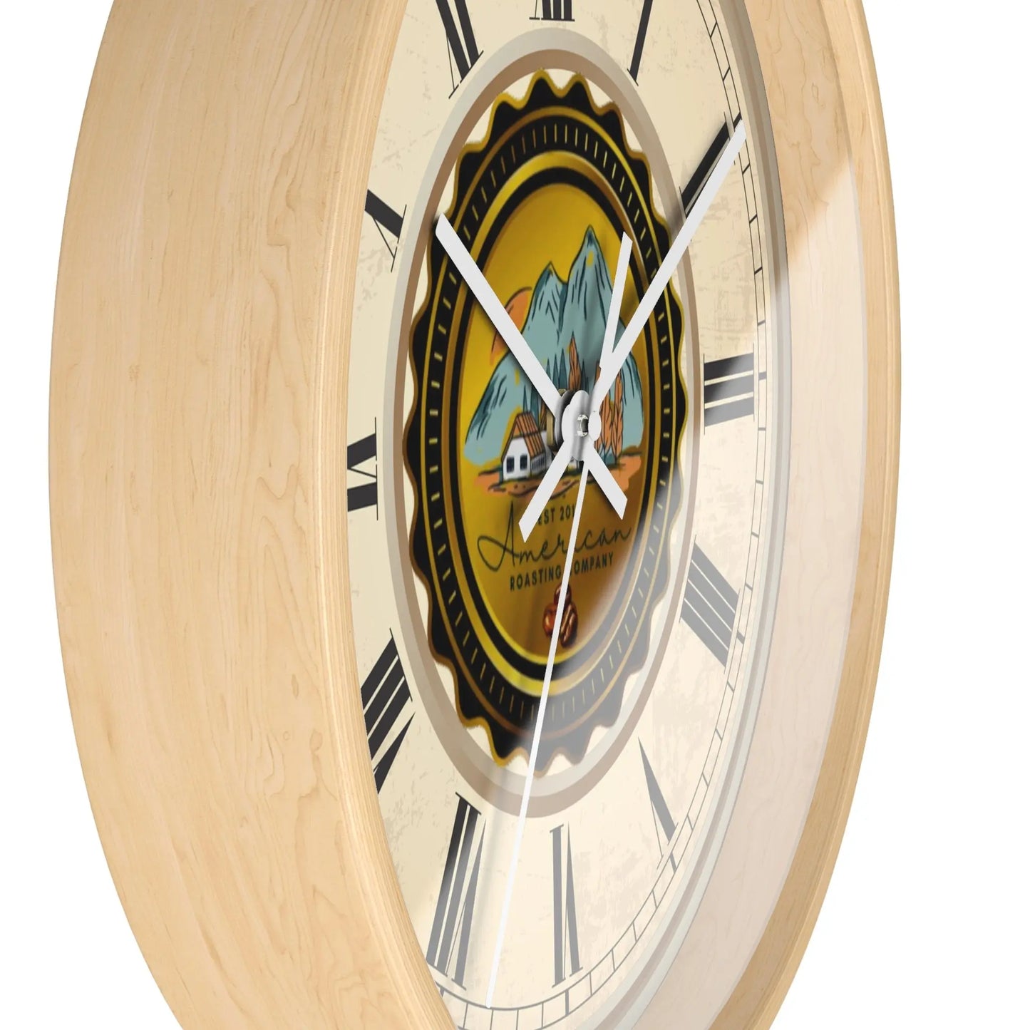 Wall Clock, American Roasting Company 10" Black, White, Wooden Clear Finish Printify