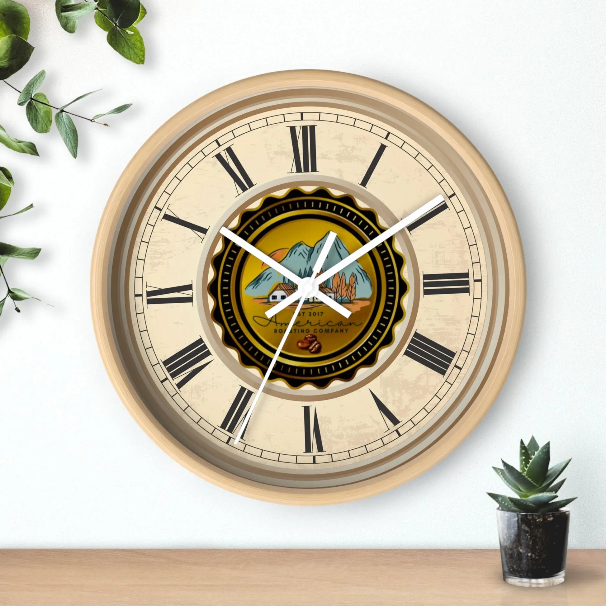 Wall Clock, American Roasting Company 10" Black, White, Wooden Clear Finish Printify