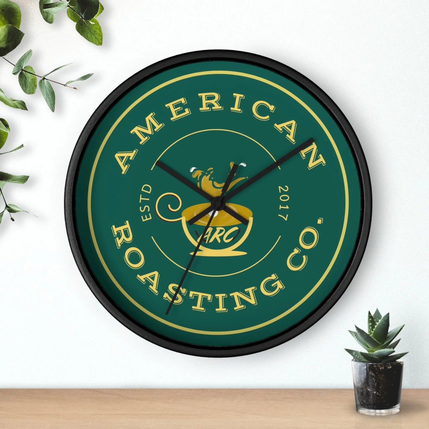 Wall Clock, American Roasting Company 10" Black, White, Wooden Clear Finish Printify