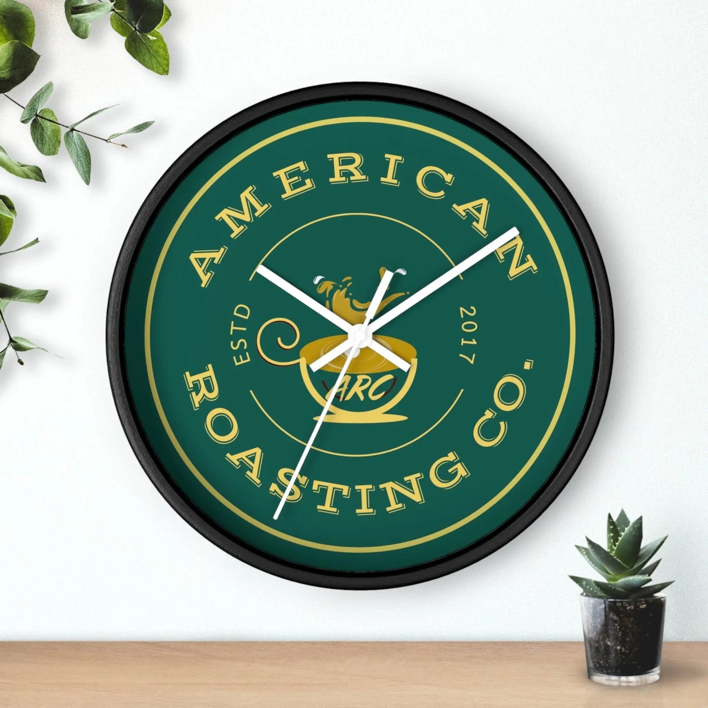 Wall Clock, American Roasting Company 10" Black, White, Wooden Clear Finish Printify