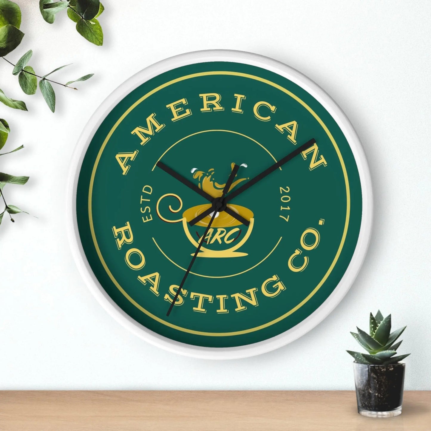 Wall Clock, American Roasting Company 10" Black, White, Wooden Clear Finish Printify