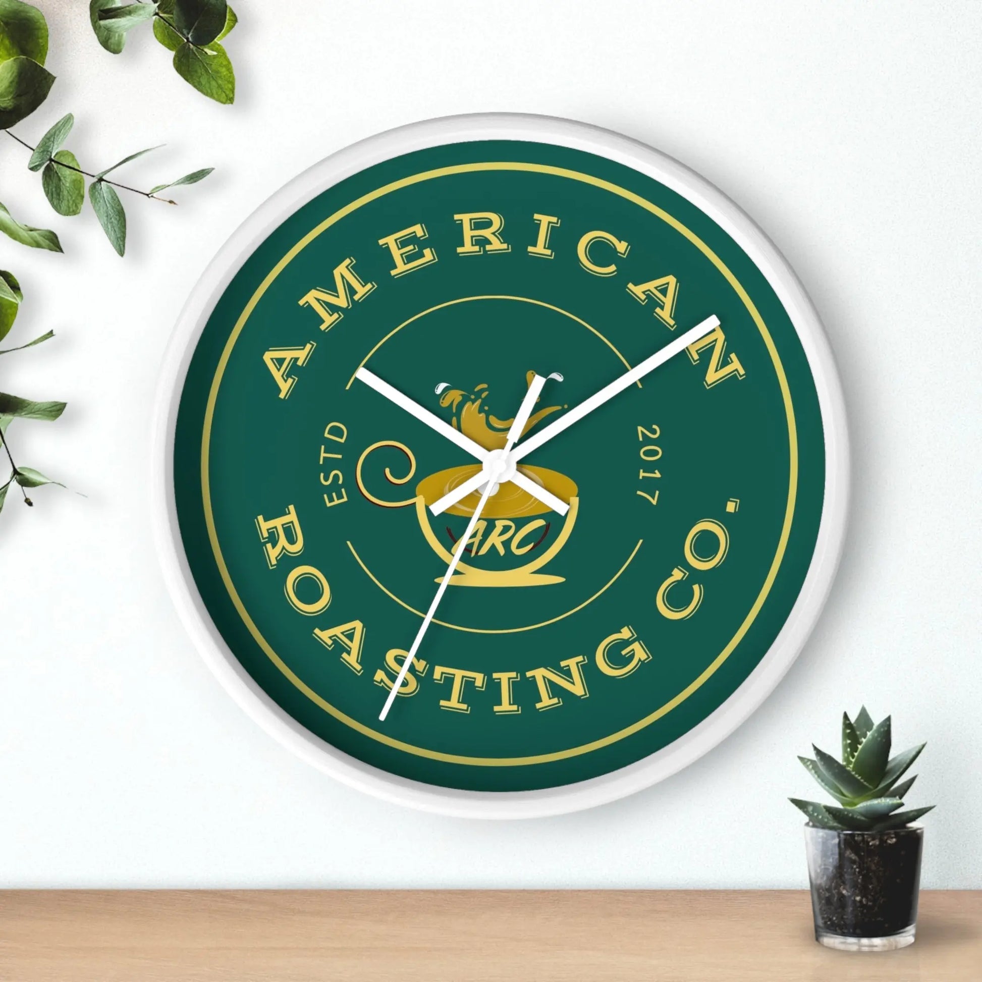 Wall Clock, American Roasting Company 10" Black, White, Wooden Clear Finish Printify