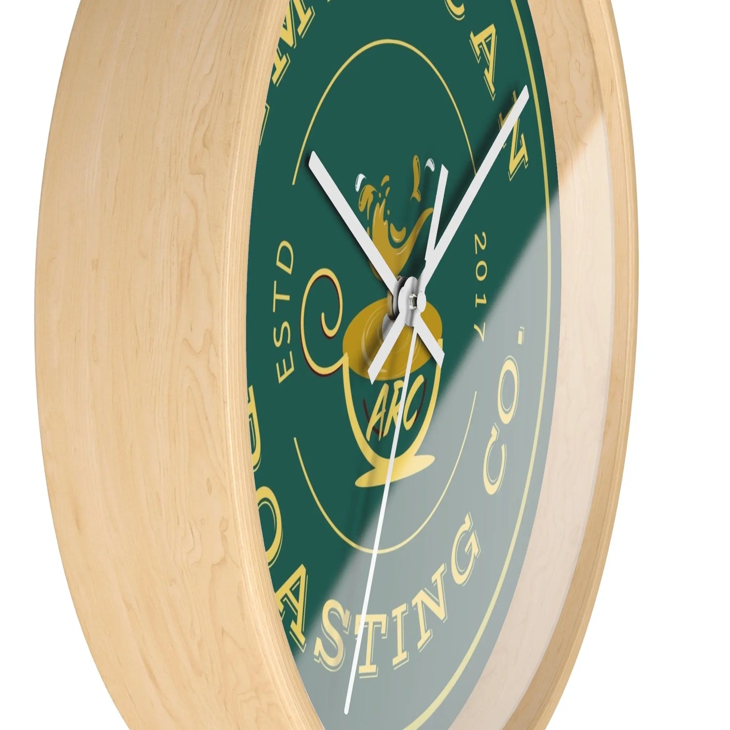 Wall Clock, American Roasting Company 10" Black, White, Wooden Clear Finish Printify