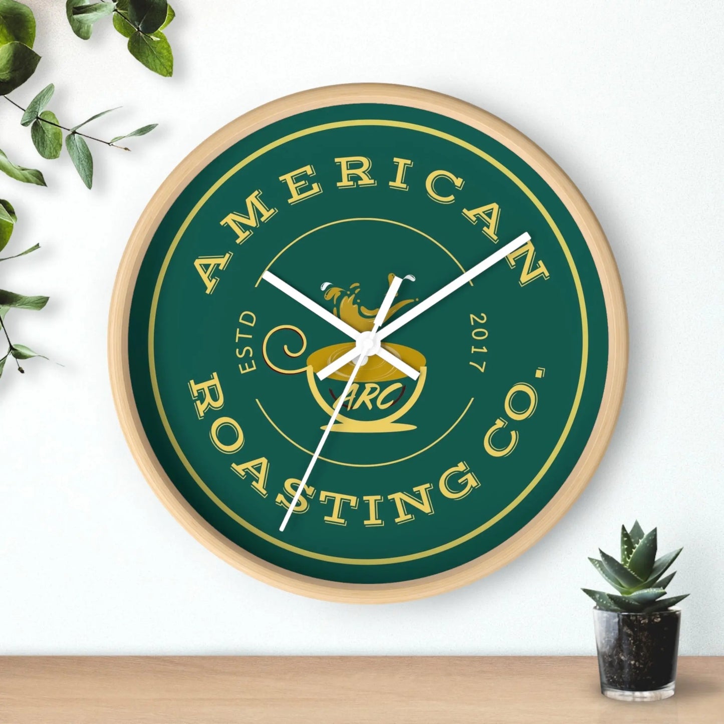 Wall Clock, American Roasting Company 10" Black, White, Wooden Clear Finish Printify