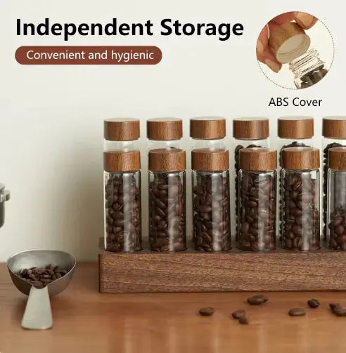 Walnut Wood Coffee & Tea Storage Tube Set - Glass Containers with Display Rack American Roasting Company