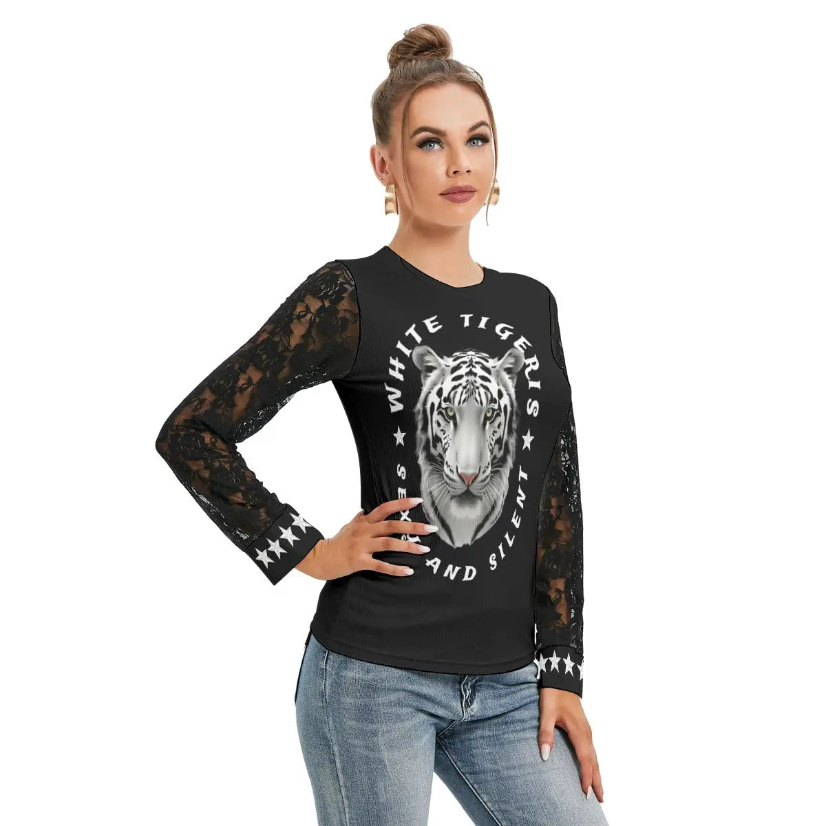 White TigerIS Women's T-shirt And Sleeve With Black Lace Yoycol