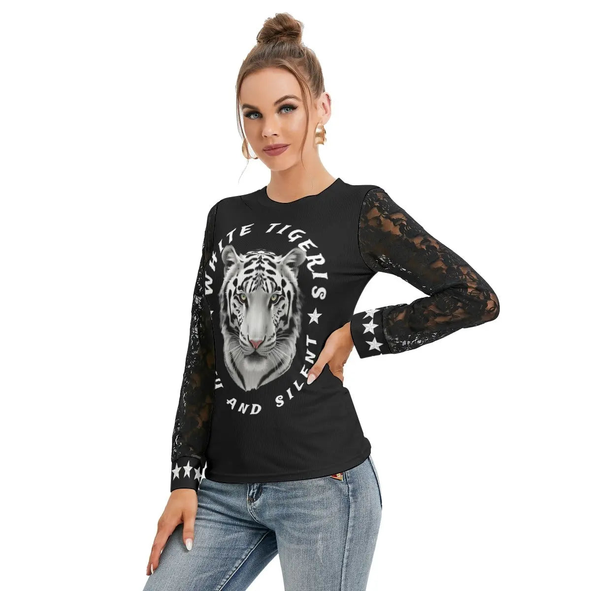 White TigerIS Women's T-shirt And Sleeve With Black Lace Yoycol