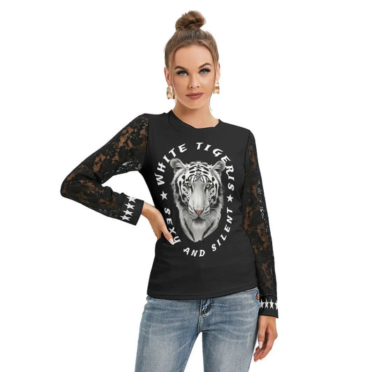 White TigerIS Women's T-shirt And Sleeve With Black Lace Yoycol