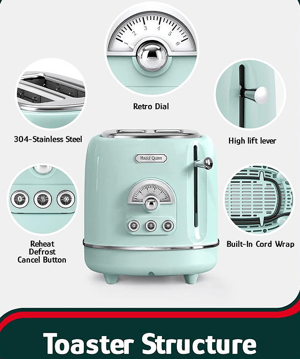 2 slice toaster SUS304 food grade 6 browning level stylish high lift bar 3 functions-thaw / reheat / cancel 1.5 inch super wide slot mint green