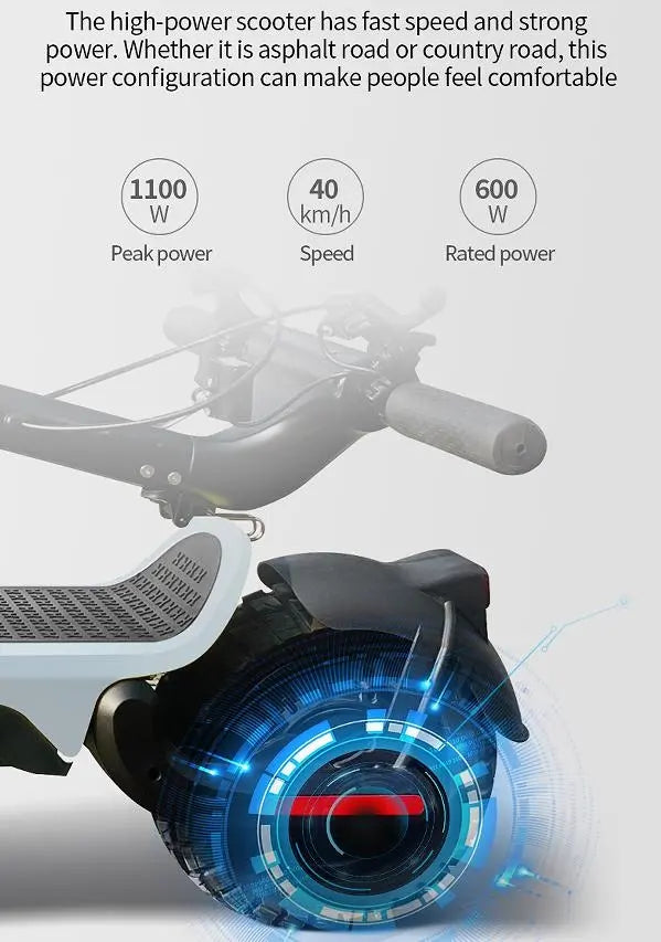 E Scooter, 600W Electric balance scooter.  40 km/h speed LCD instrument, portable folding load 120kg climbing 18° range 50-70km LED lighting Doba