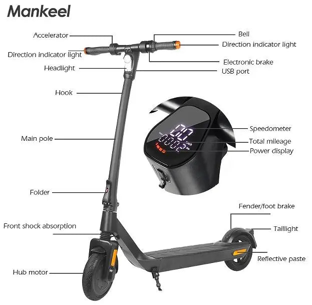 E Scooter, 500W Electric balance scooter.  25 km/h speed portable folding USB mobile phone charging load 120kg climb 15° range 30km LED lighting Doba