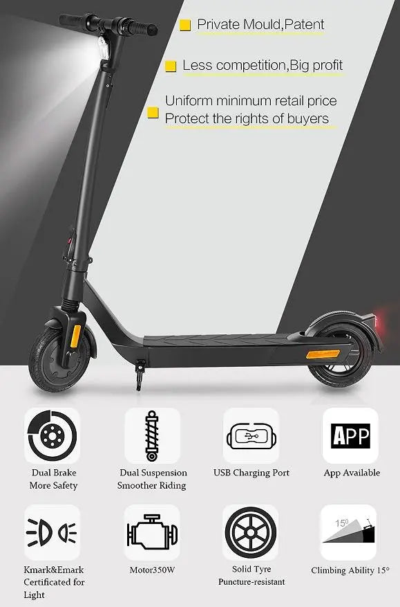 E Scooter, 500W Electric balance scooter.  25 km/h speed portable folding USB mobile phone charging load 120kg climb 15° range 30km LED lighting Doba