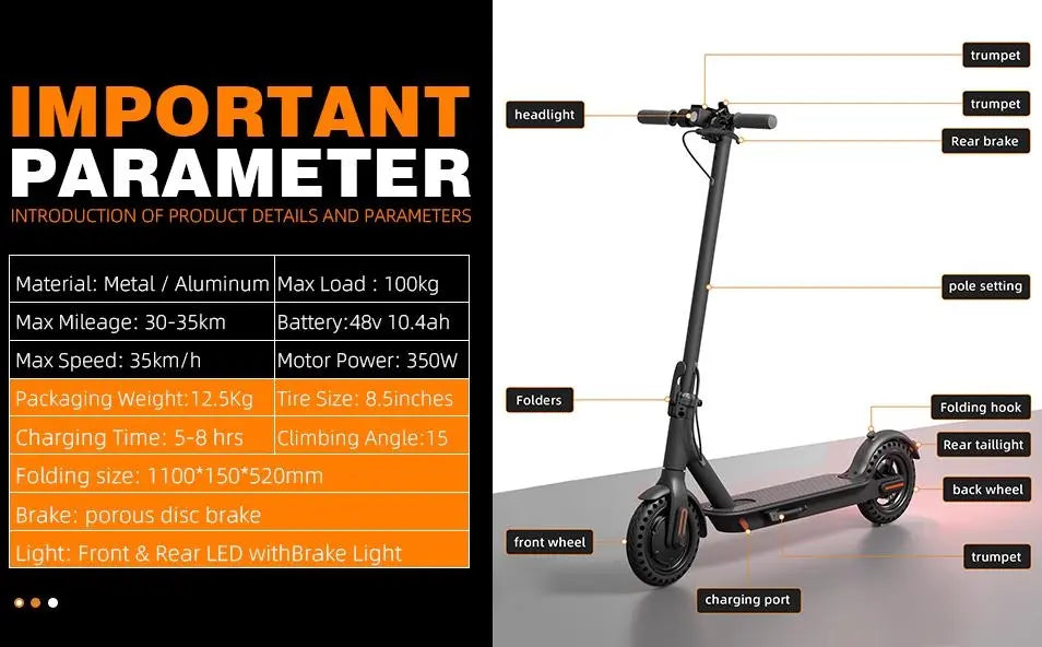 E Scooter, 350W Electric Balance Scooter 30 km/h speed portable folding load 120kg climb 15° range 35km LED lighting Doba