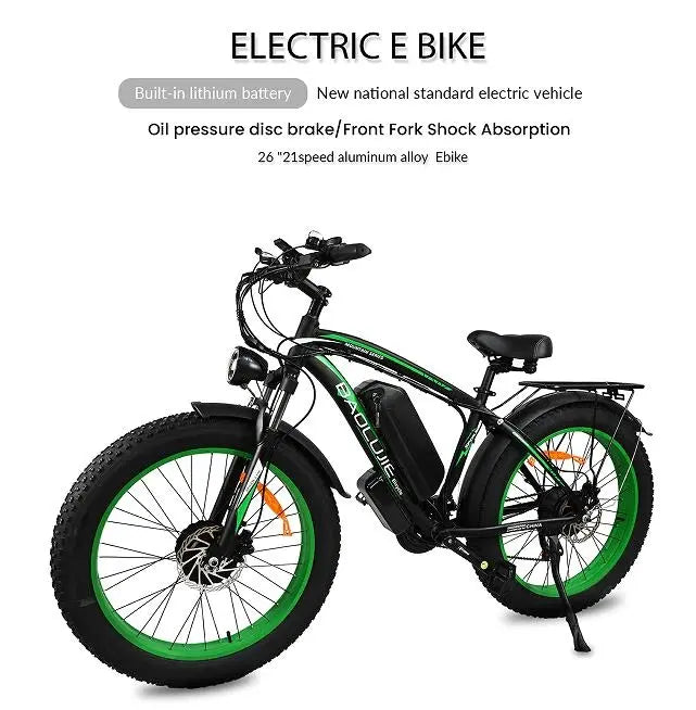 Adult, Baolujie Electric Bike 2000W electric cross-country bike.  45 km/h vertical bar folding instrument LCD load 100kg power endurance 90-100km LED lighting adult universal (Beige or Green) Doba